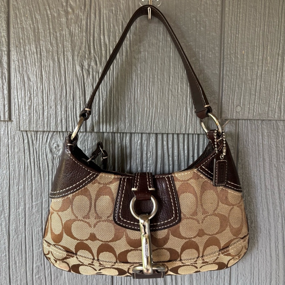 Vintage Coach Brown Canvas Mini Hobo Leather Trim Shoulder Bag Purse Y2K 10283 - Picture 2 of 14